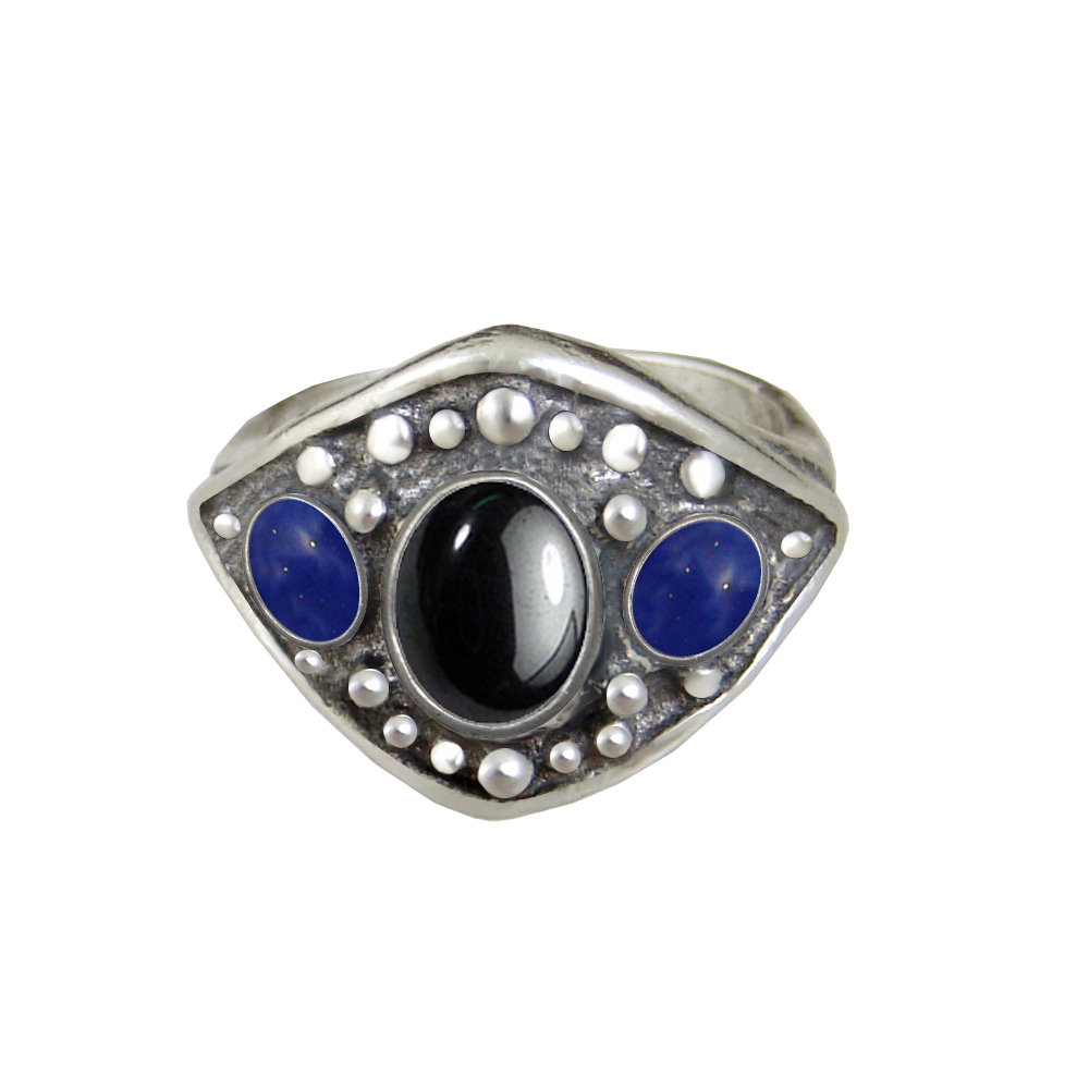 Sterling Silver Medieval Lady's Ring with Hematite And Lapis Lazuli Size 9
